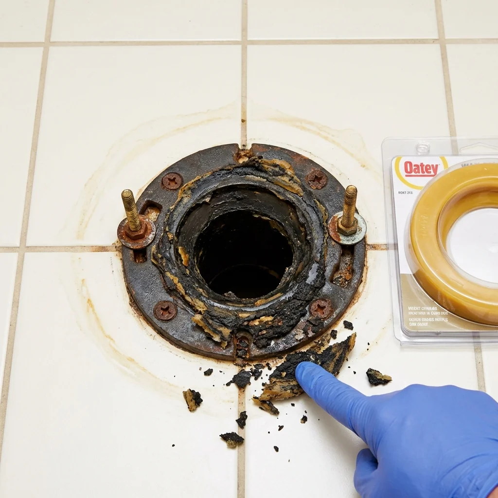 Failed wax ring showing water seepage at the base of a toilet in a Mound City, SD home