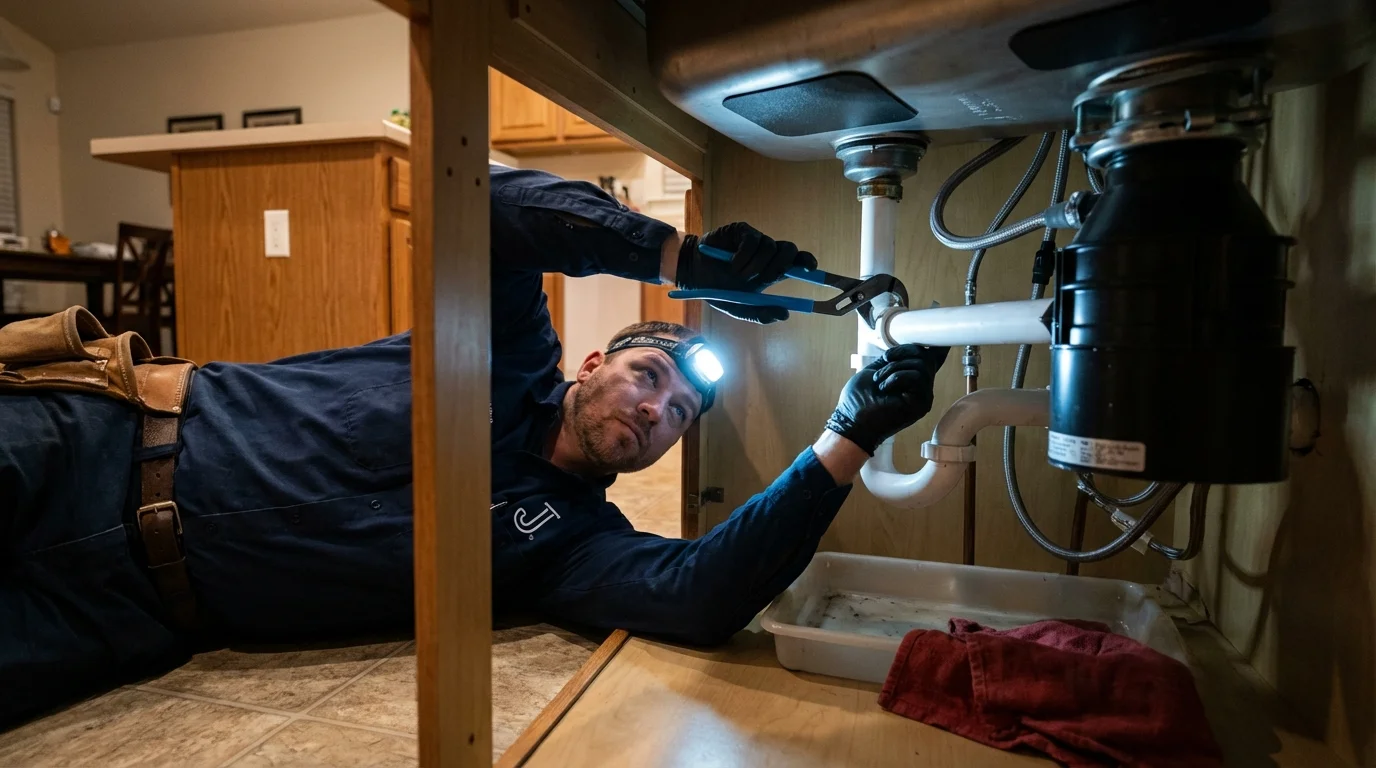 P-trap and supply line connections under a kitchen sink showing a common leak point in Mound City, SD